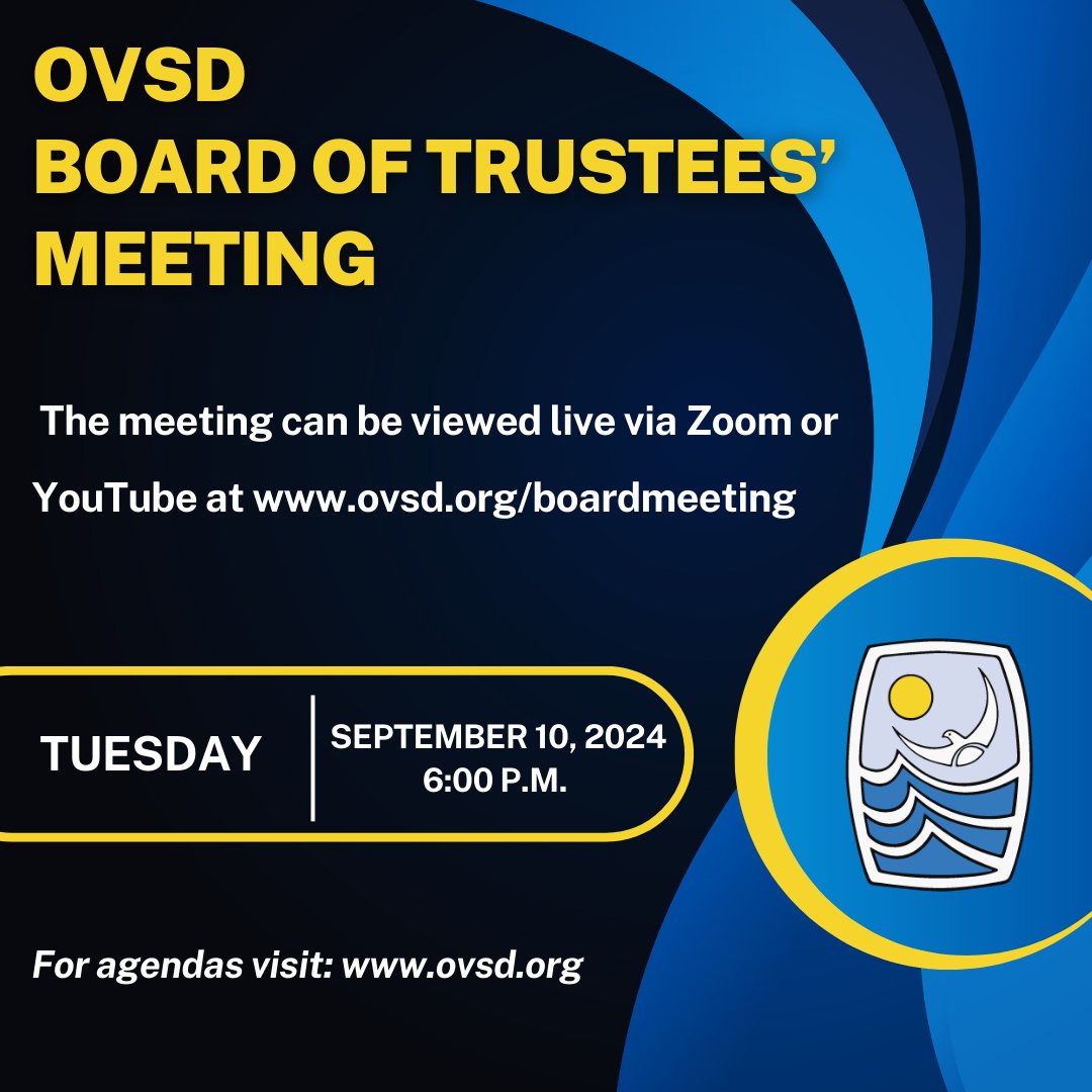 REMINDER: The next Ocean View School District Board of Trustees' meeting is tonight at 6:00 p.m. The meeting can be viewed live via Zoom or YouTube.

💻: ovsd.org/boardmeeting

For more info and to view the agenda, visit ovsd.org