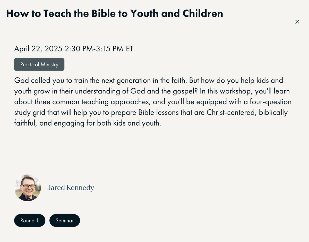 JaredSKennedy's tweet image. Something new at #TGC25: seminars! These limited-capacity sessions will be more hands-on and interactive  than a typical  breakout. I'll be leading one where we'll walk through how to prepare a Bible lesson for kids and youth. Come join me! tgc.org/tgc25