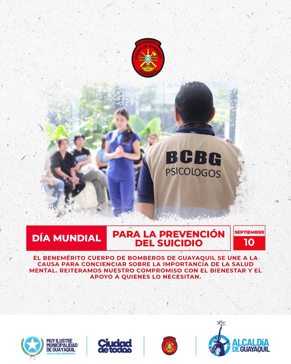 BomberosGYE's tweet photo. Hoy recordamos la importancia de hablar, escuchar y apoyar a quienes más lo necesitan. El suicidio es una realidad devastadora que afecta a millones de personas alrededor del mundo. ❤️‍🩹

El BCBG te invita a ser parte de la solución: escucha sin juzgar y promueve el diálogo. 🫂👩‍🚒 https://t.co/5sGa8aL442