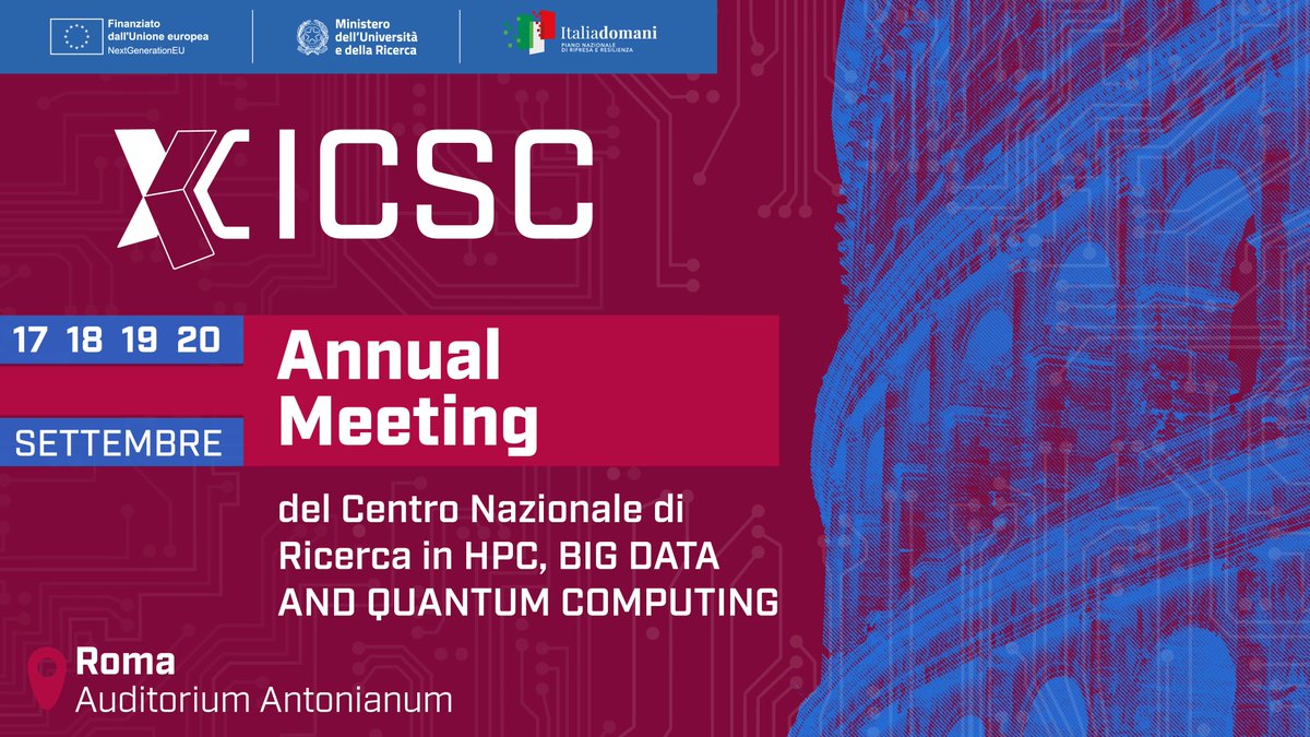 ICSC_Computing's tweet photo. 📣 💻  Una settimana all'inizio dell'ANNUAL MEETING di Roma di #ICSC - Centro Nazionale di Ricerca in #HPC, #BIGDATA e #QUANTUMCOMPUTING.
📅 17.09 - 20.09 
🕑 Inizio ore 14 
📍 Auditorium Antonianum di Roma https://t.co/dC6xeCH6Qg