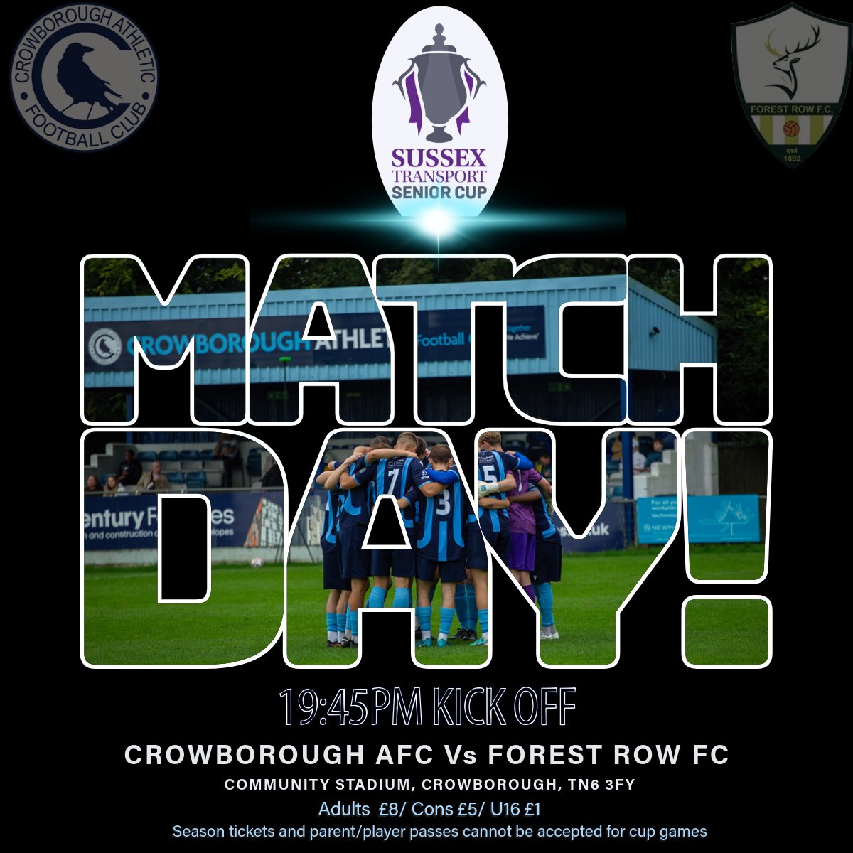CrowboroughAFC's tweet photo. Match day is here! Join us under the lights, as we embark on the Sussex Transport Senior Cup and welcome @FrowFC to our home!
#sussextransport #sussexsenior @nonleaguesussex @bbcsussex #nonleague #crowborough #forestrow @NonLeague_SSX @ https://t.co/hGGKkFwwrP