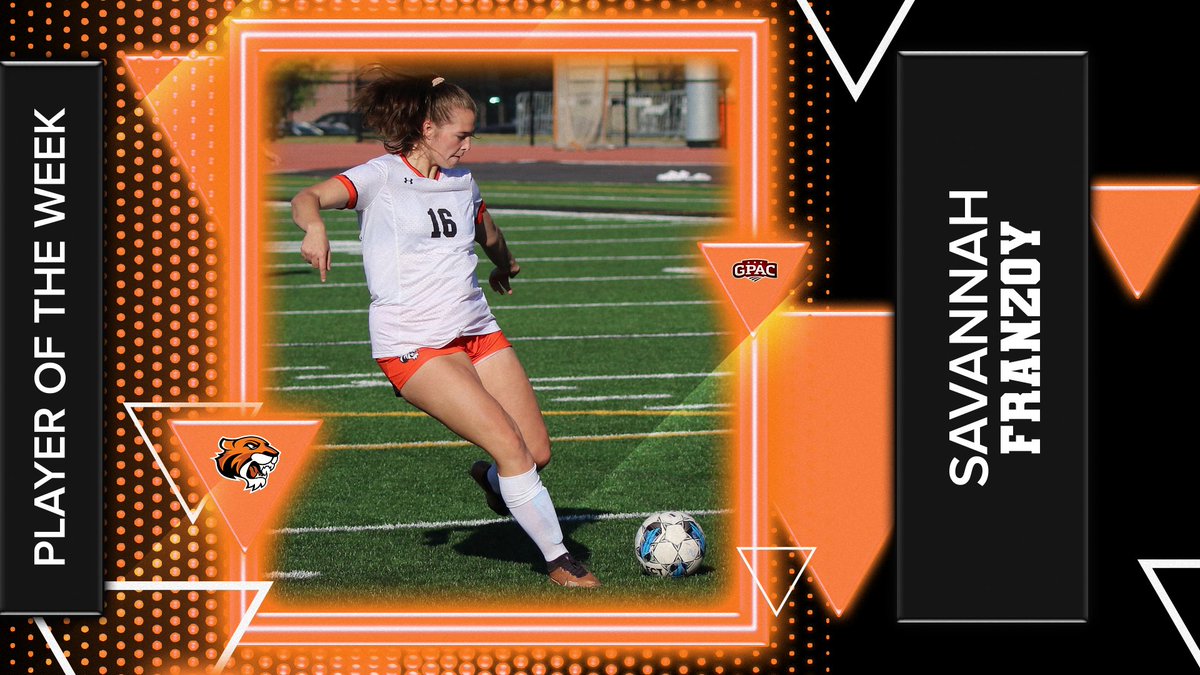 Congrats to #DoaneWS Savannah Franzoy, named the GPAC Women's Soccer Offensive Player of the Week after recording a hat-trick on Saturday in the Tigers' win over McPherson