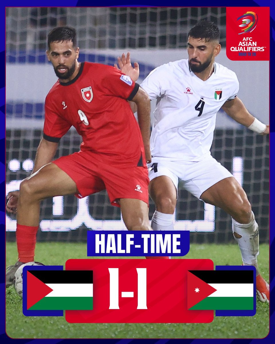 afcasiancup_jp's tweet photo. ハーフタイム | 🇵🇸 パレスチナ 1️⃣-1️⃣ ヨルダン 🇯🇴

前半は1-1の同点で折り返し。後半に先手を取るのはどちらに？

#AsianQualifiers | #PLEvJOR https://t.co/s08iQmTn7U