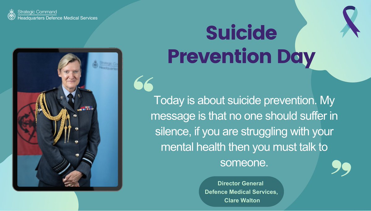 Defence Medical Services (@dms_milmed) on Twitter photo A message from DG, DMS this #SuicidePreventionDay🧠
The DMS is to ensure that Armed Forces are fit to fight and able to fight back to fitness and that very much includes mental fitness. 
We have welfare services, military charities and the Defence Community of Mental Health📞💙 A message from DG, DMS this #SuicidePreventionDay🧠
The DMS is to ensure that Armed Forces are fit to fight and able to fight back to fitness and that very much includes mental fitness. 
We have welfare services, military charities and the Defence Community of Mental Health📞💙