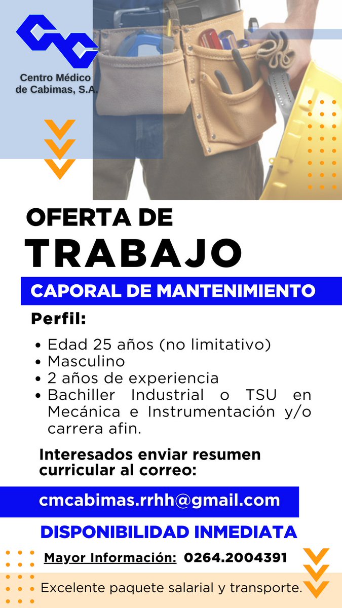 CMCabimas's tweet photo. VACANTE - OFERTA DE TRABAJO 📝

☑️ Caporal de Mantenimiento 

Interesados enviar resumen curricular vía correo o venir personalmente a la oficina de Dirección. 

DISPONIBILIDAD INMEDIATA... 

#BuenMartes #10Septiembre #CMC https://t.co/QMGLj3EF5r