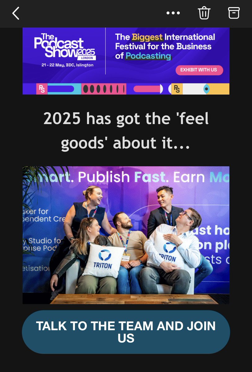 Morgan E. Wiedmann (@mwiedd) on Twitter photo 📸 I spy <a href="/TritonDigital/">Triton Digital</a> on the banner of <a href="/PodcastShowLDN/">The Podcast Show</a>’s newsletter.
What’s next?
Podcast Vogue 🤩 📸 I spy <a href="/TritonDigital/">Triton Digital</a> on the banner of <a href="/PodcastShowLDN/">The Podcast Show</a>’s newsletter.
What’s next?
Podcast Vogue 🤩