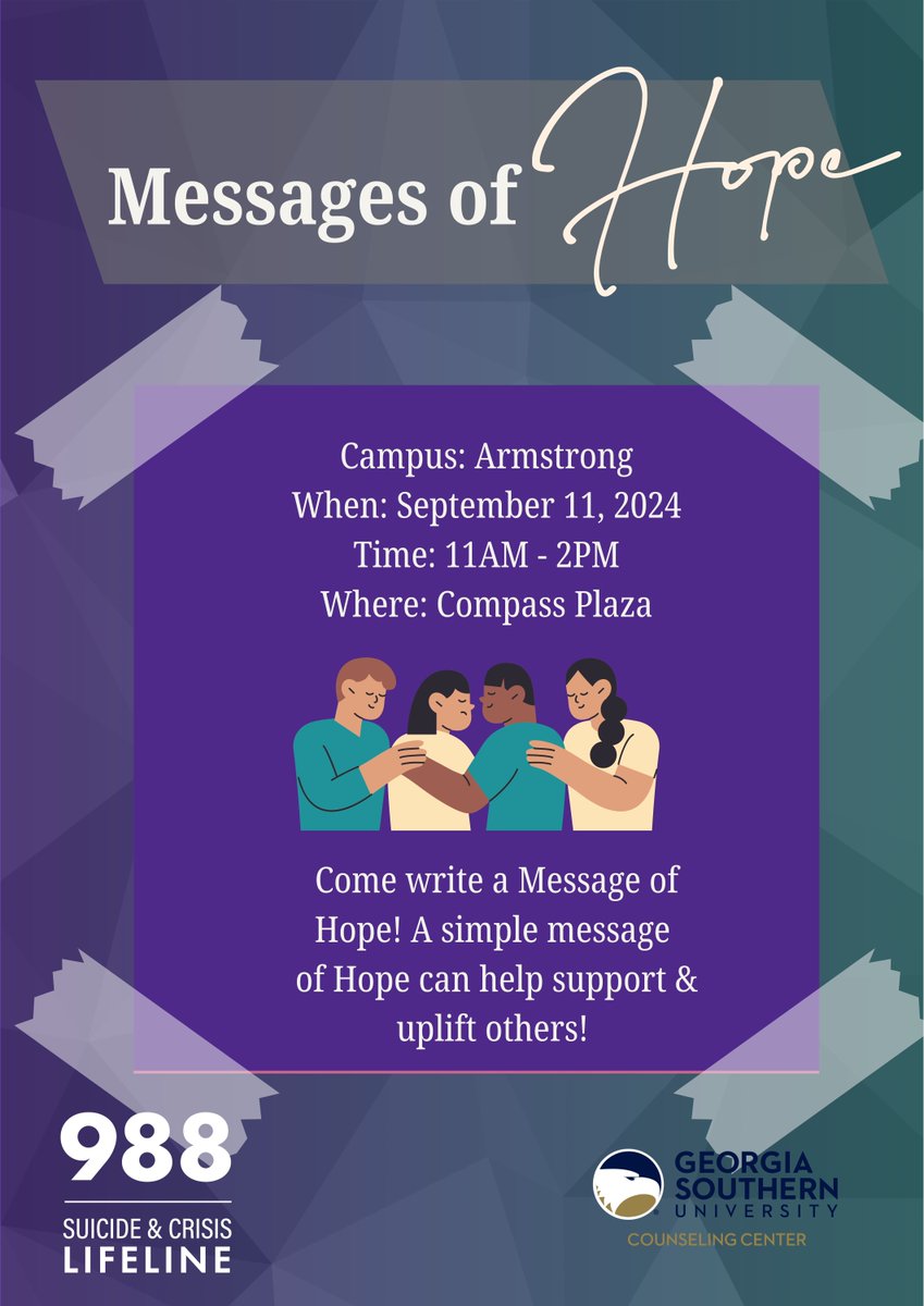 GSswhp's tweet image. Come join us tomorrow with the Counseling Center at Armstrong Campus to write a Message of Hope! Your simple message can support &amp;amp; uplift others. 🌟 Time: 11am-2pm 🕑 Location: Compass Plaza 📍 #MessageOfHope #SpreadPositivity