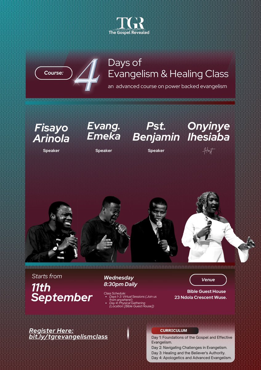 🔥 “Go into all the world and preach the gospel to all creation!” (Mark 16:15) 🔥

Join us for 4 days of impartation as we dive into the call to evangelism and healing! From the 11th to the 14th of September

Register🤎: bit.ly/tgrevangelismc…