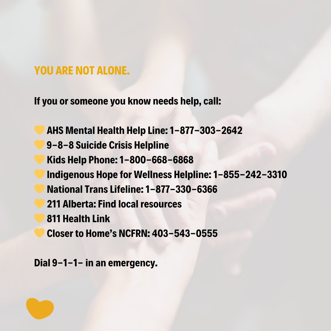 Today, on World Suicide Prevention Day, we unite to raise awareness and spread hope.

💛 AHS: 1-877-303-2642
💛 9-8-8 Suicide Crisis Helpline
💛 Kids Help Phone: 1-800-668-6868
💛 Indigenous Hope for Wellness Helpline: 1-855-242-3310
💛 National Trans Lifeline: 1-877-330-6366