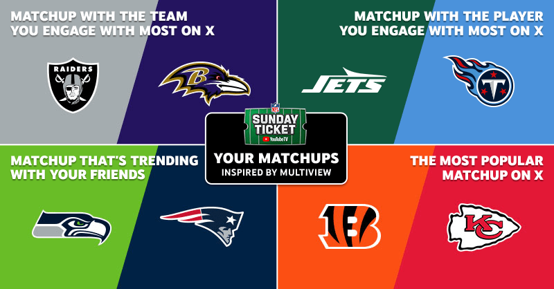 YouTubeTV's tweet photo. @AmbroseDaye here are your custom matchups for this week's games  🏈

Share and compare with your friends 👀😤. Get every game, every Sunday with NFL Sunday Ticket and YouTube TV. 

Device, content restrictions, and terms apply: https://t.co/QEPGRxizy8