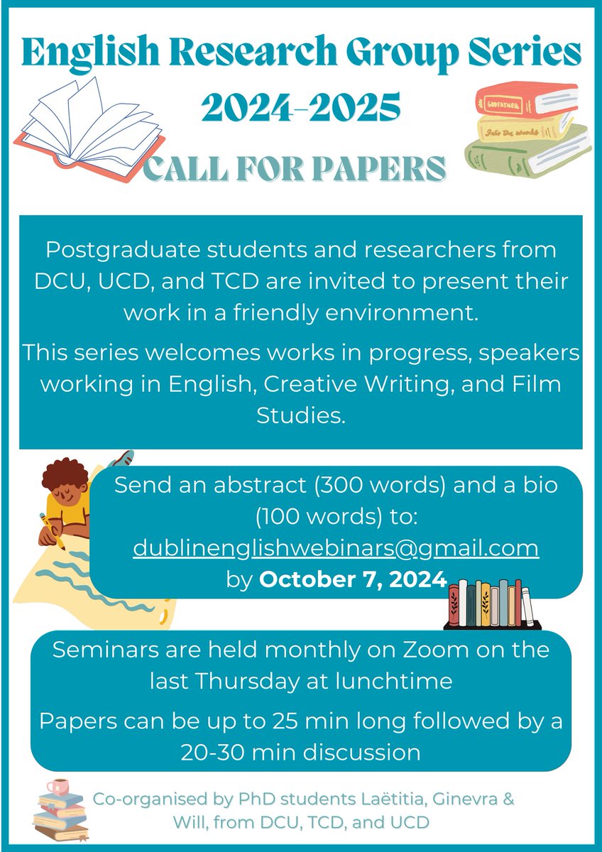 The English Research Group Series is coming back, and this year it is between the schools of English of DCU, UCD and TCD! <a href="/BianchiniGine24/">Ginevra Bianchini</a> @hammurrrabii and myself can't wait to listen to your presentations. Send your abstract by October 7!