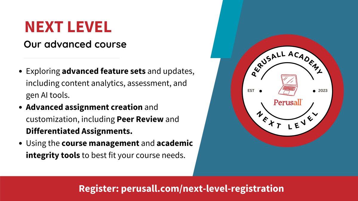 Familiar with #Perusall? Looking to level up your skills? 😎 
Jump into our Next Level course at #PerusallAcademy, TOMORROW, September 11th, and learn our more advanced features.

Register for free: hubs.li/Q02P8-Ss0
#Teaching #EdTech #Pedagogy #StudentEngagement #Webinar