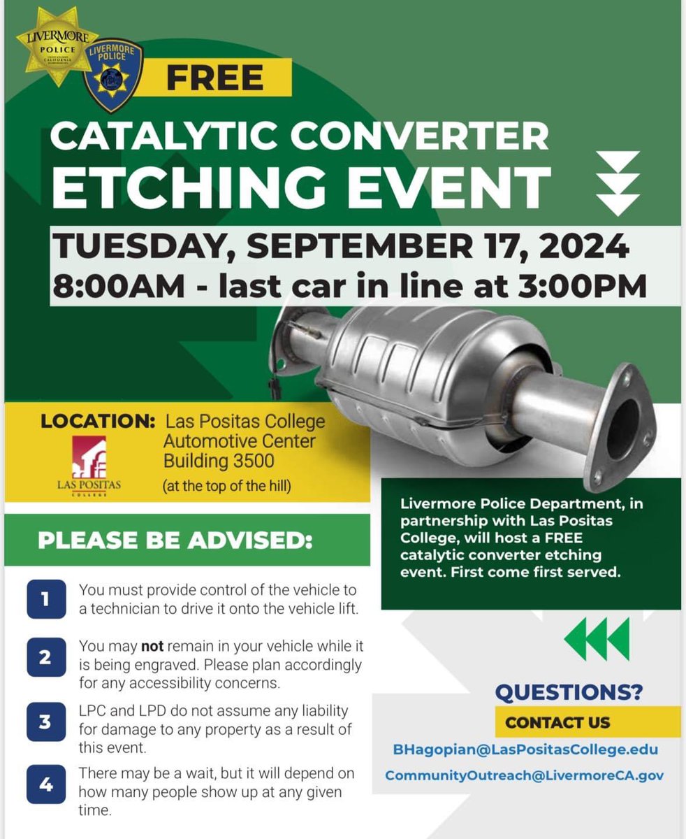 🚨 Don’t miss out! Our next Catalytic Converter Etching Event, in partnership with Las Positas College’s Automotive Department, is just one week away—Tuesday, Sept. 17!

Etching your catalytic converter not only helps deter theft but also aids in tracking it back to you if