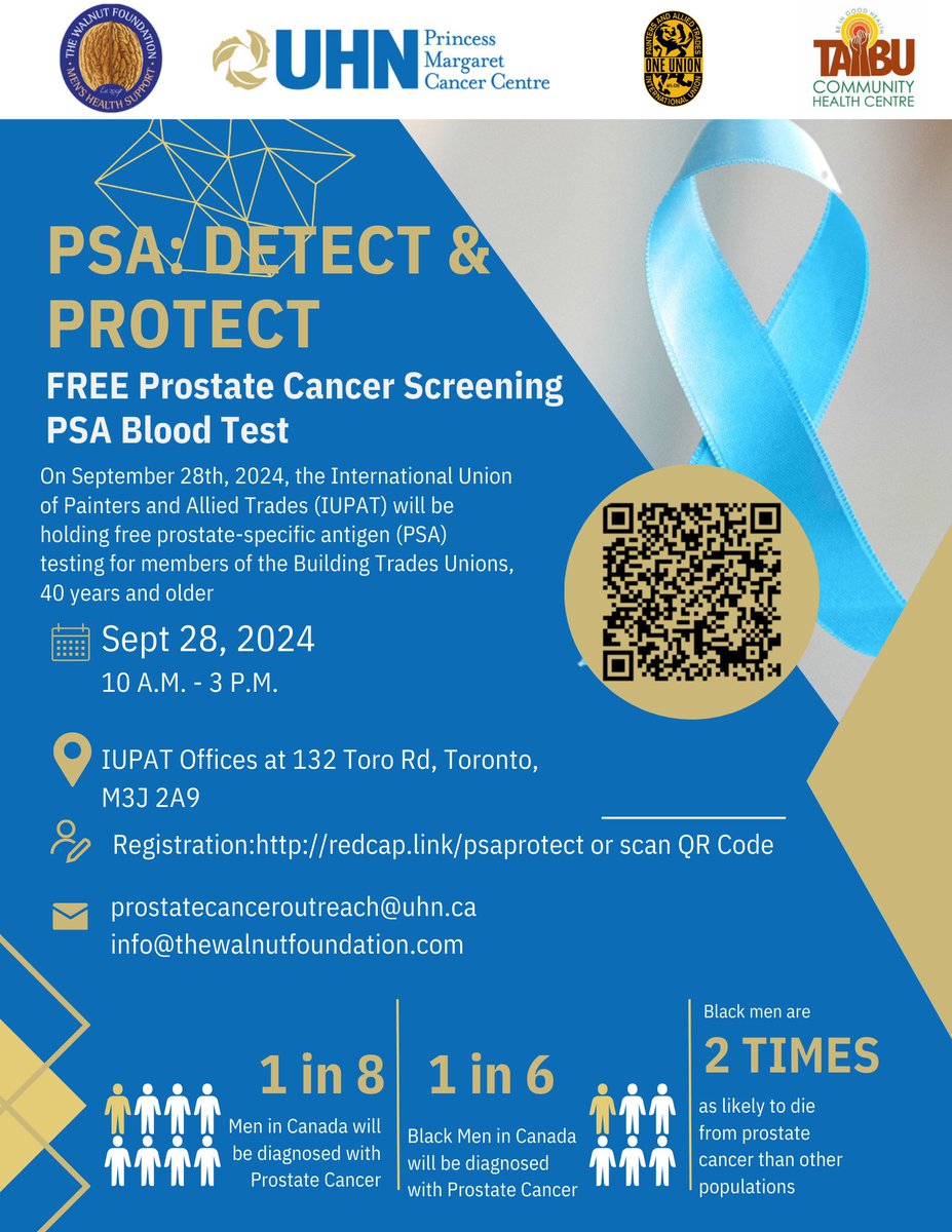 OntConstSec's tweet image. In recognition of Prostate Cancer Awareness Month, @OntarioPainters will be partnering with @TheWalnutFounda, @thePMCF and @TAIBU_CHC to host a FREE PSA Testing clinic for members of the Building Trades at 132 Toro Road in North York. #DetectAndProtect