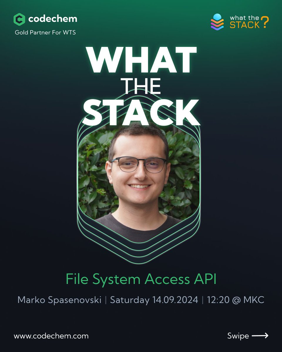 code_chem's tweet photo. This Saturday at MKC 📍, 12:20 PM, @mspasenovski  will dive into the File System Access API at @what_the_stack  Conference! 

Learn to play with files and directories like a pro. 🚀

Tickets available at https://t.co/LwMhAWvsvh https://t.co/nE5YpmxNL9
