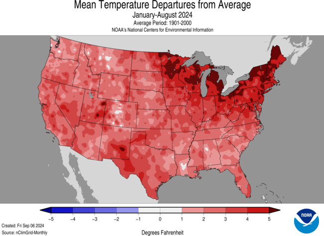 January–August 2024 contiguous U.S. average #annual temperature was 56. ...