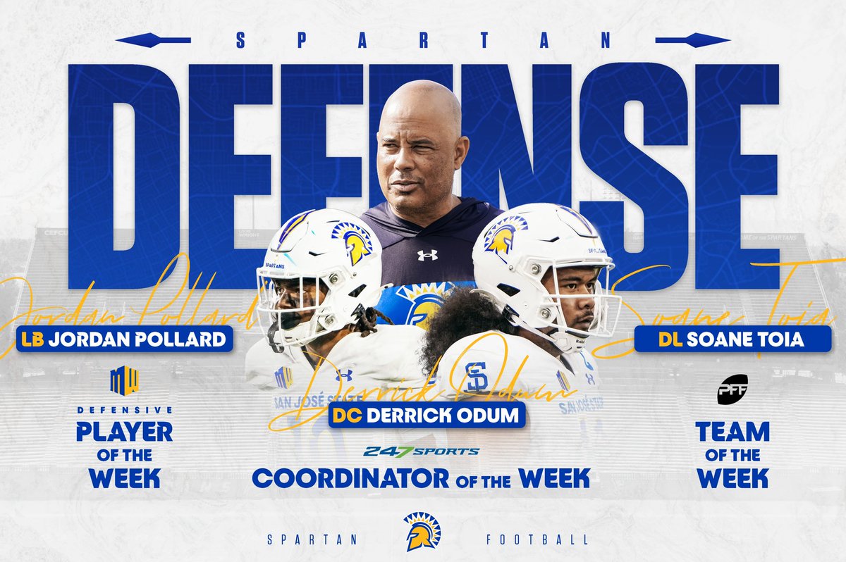 How ‘bout that <a href="/SanJoseStateFB/">San José State Football</a> defense? 😏

⚔️<a href="/CoachO_SJSU/">Derrick Odum</a> 
⚔️<a href="/SoaneToia/">Soane Toia</a> 
⚔️<a href="/JordanPollard22/">Jordan Pollard</a> 

#ThisIsSparta⚔️🔷⚔️