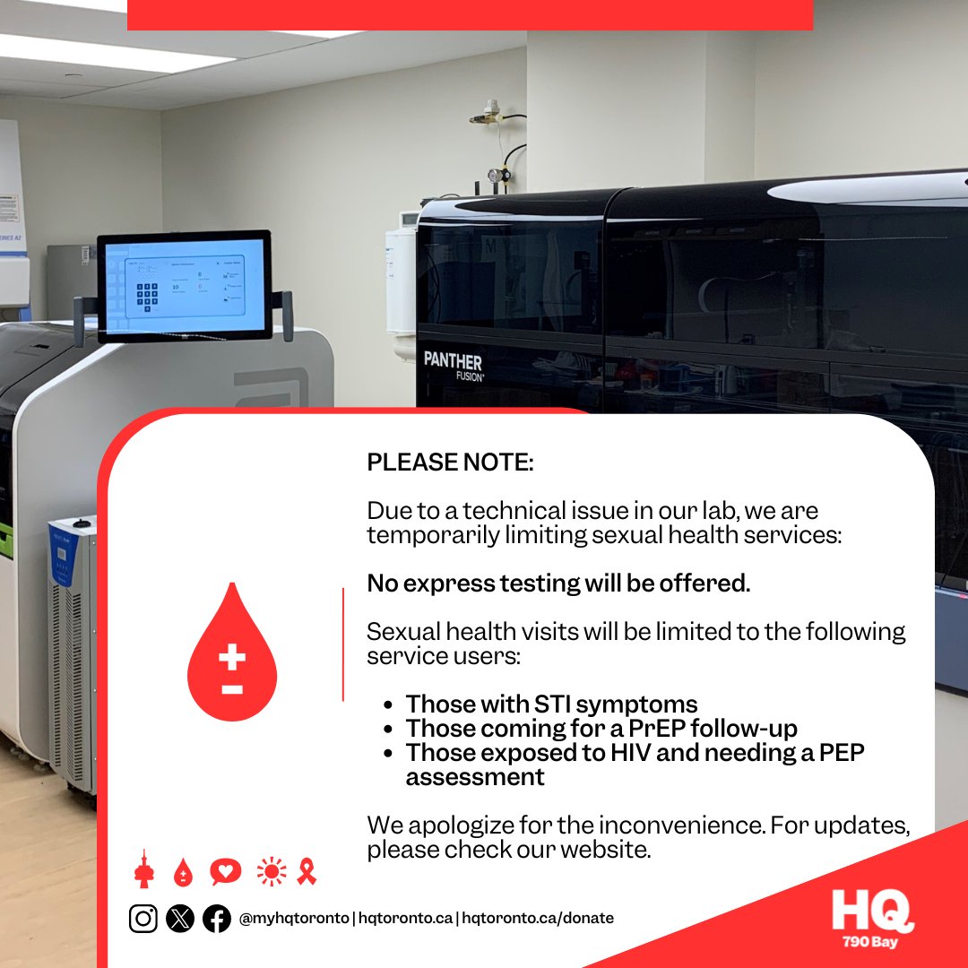 📢 **Service Update**

Due to a technical issue in our lab, we're temporarily limiting sexual health services:

🚫 No express testing available  
🩺 Appointments are limited to:
  - Patients with STI symptoms
  - PrEP follow-up visits
  - Those needing PEP after HIV exposure