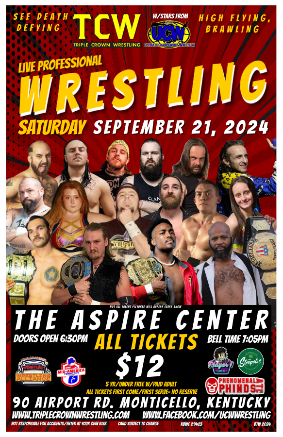 The_TripleCrown's tweet photo. 👑👑👑SEPTEMBER 21, 2024👑👑👑
Join TCW and UCW as we return to the Aspire Center in Monticello, Kentucky Saturday September 21, 2024 for a huge night of live professional wrestling action the way it should be!!! ALL TICKETS $12---FIRST COME/FIRST SERVE---NO RESERVE. https://t.co/oxHAEvLzST