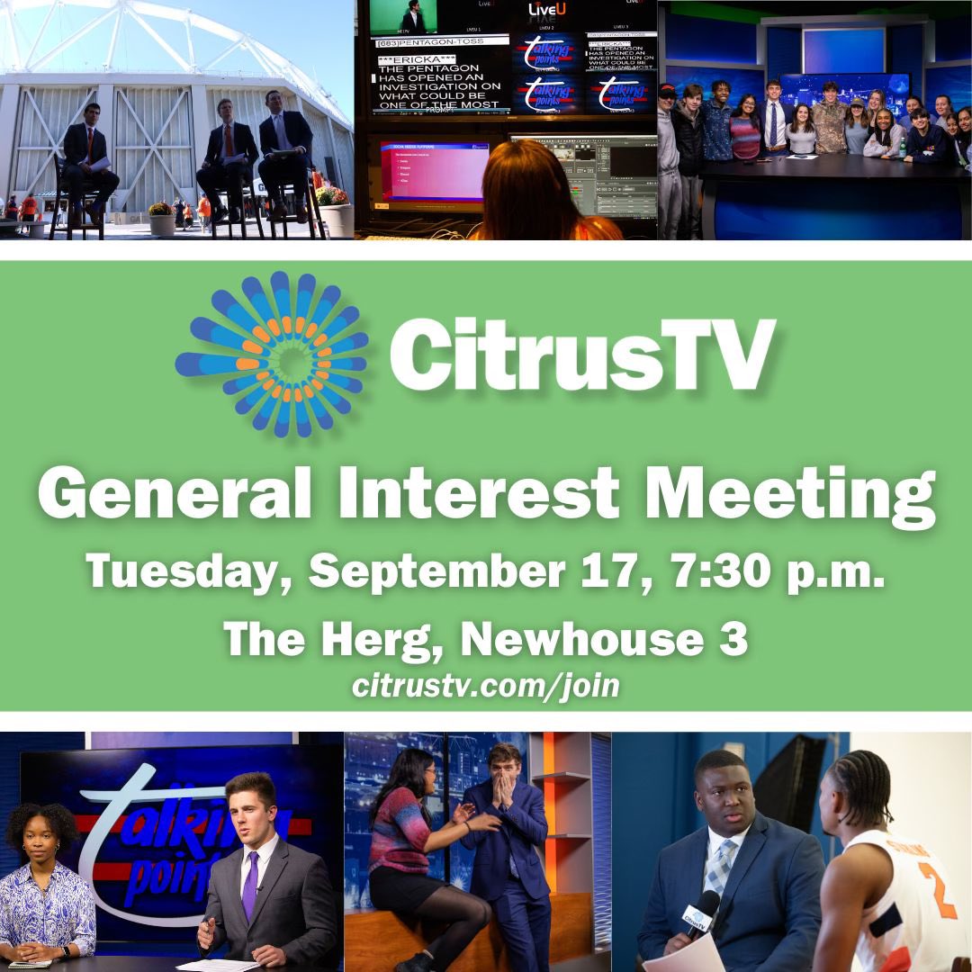 🚨 SAVE THE DATE 🚨

Interesting in on camera, video production, social media, photography, videography, and making television?

Come join us at the CitrusTV general interest meeting on September 17 to learn all about student television! 🥳🥳