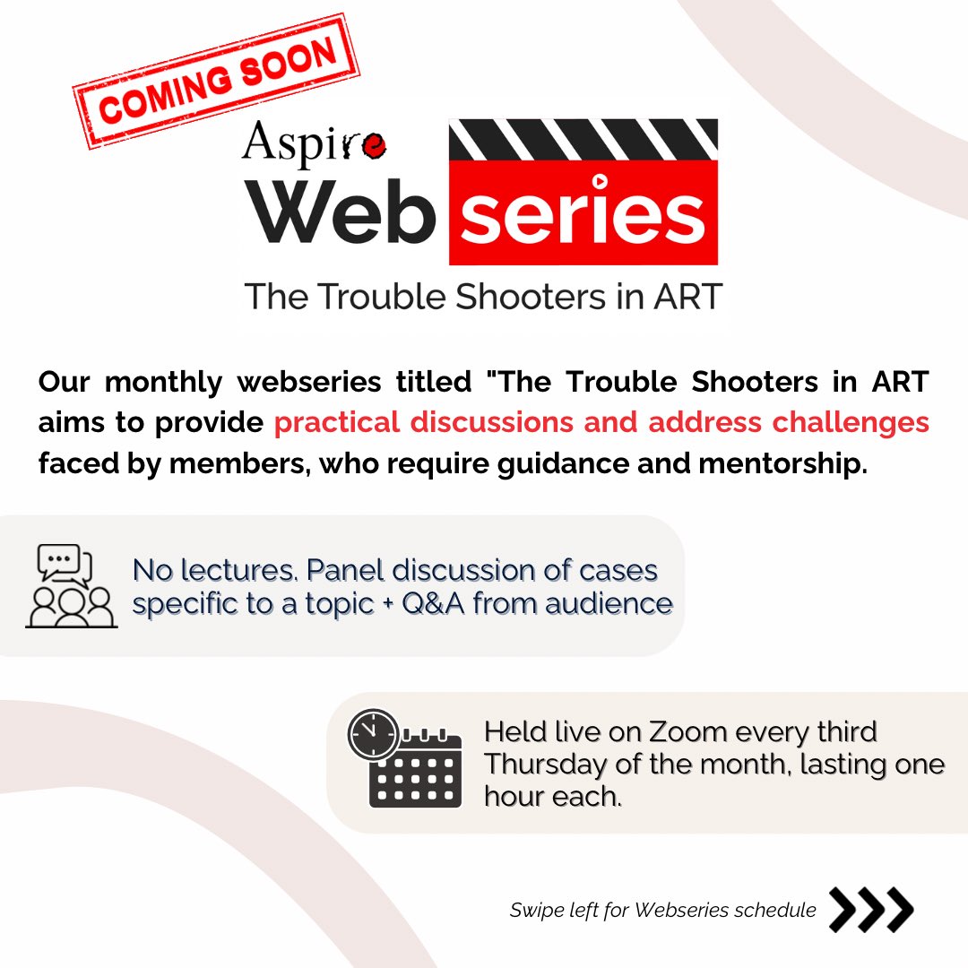 ASPIRE_Reprod's tweet photo. 🎬✨ We’re thrilled to announce the launch of our latest educational initiative: the ASPIRE Webseries - "The Troubleshooters in ART"! Starting 19 September, join us every 3rd Thursday of the month for in-depth discussions with experts on niche topics and case studies. Get ready to elevate your knowledge and troubleshoot like a pro! 🚀🔍