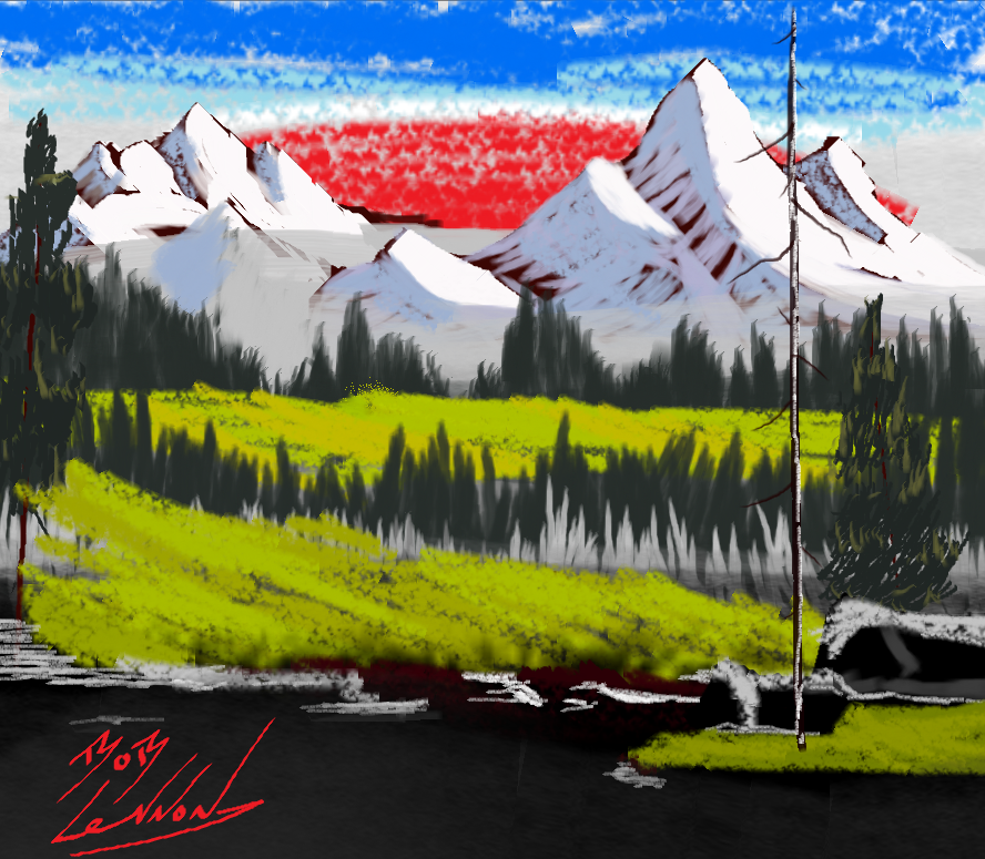 RoiLennon's tweet photo. Enfin, défi spécial : Imiter une peinture de Bob Ross sous PAINT. (chuis plutôt fier) https://t.co/Lbe4pyFS9E
