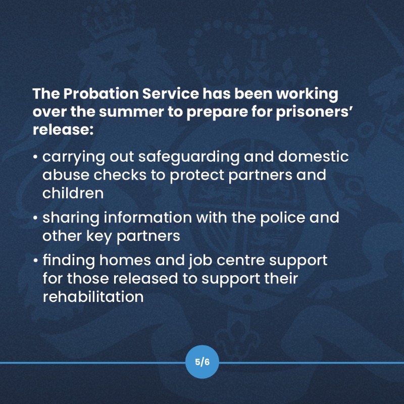 MoJGovUK's tweet photo. Prisons only have a few hundred places left. If they become full, police will no longer be able to arrest people.
 
To create space, we’re changing the proportion of time some offenders spend in prison.
 
Swipe ➡️ to find out how the Government is keeping the public safe