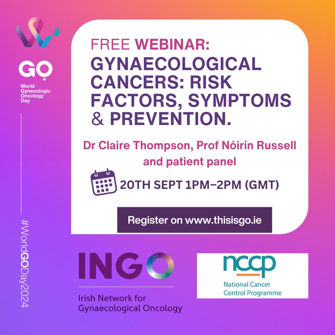 Free webinar on Gynaecological Cancers: Risk Factors, Symptoms and Prevention on the 20th Sept from the Irish Network for Gynaecological Oncology. Click the link to register bit.ly/GO_symptoms