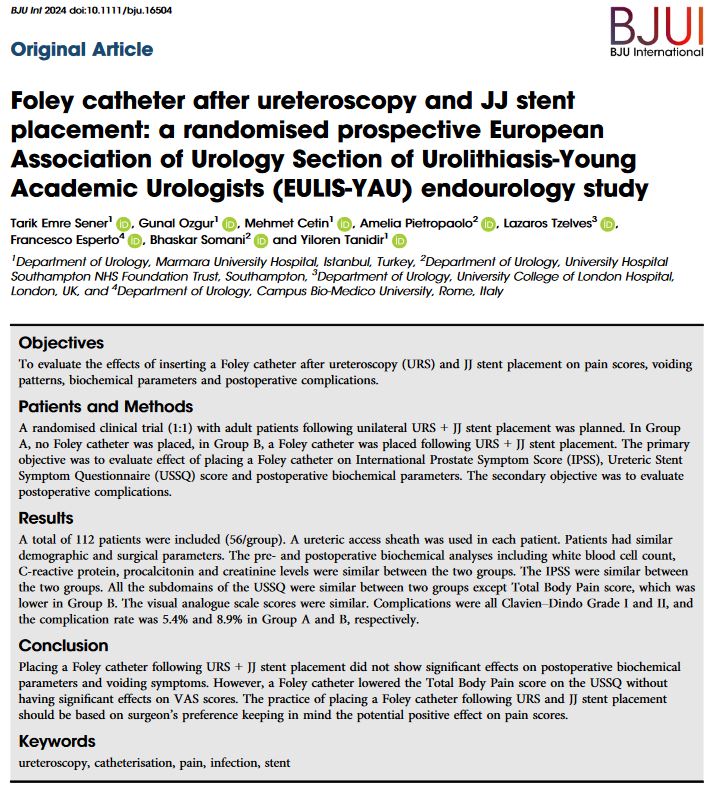 BJU International (@bjuijournal) on Twitter photo To Foley, or not to Foley, that is the question.
Our <a href="/eulis_uroweb/">European Section of Urolithiasis - EULIS</a> & <a href="/YAUEndourology/">YAU ENDOUROLOGY</a> collaboration article concludes that while Foley catheterization post-URS + DJ placement does not significantly improve biochemical outcomes, it may reduce postop pain doi.org/10.1111/bju.16… To Foley, or not to Foley, that is the question.
Our <a href="/eulis_uroweb/">European Section of Urolithiasis - EULIS</a> & <a href="/YAUEndourology/">YAU ENDOUROLOGY</a> collaboration article concludes that while Foley catheterization post-URS + DJ placement does not significantly improve biochemical outcomes, it may reduce postop pain doi.org/10.1111/bju.16…
