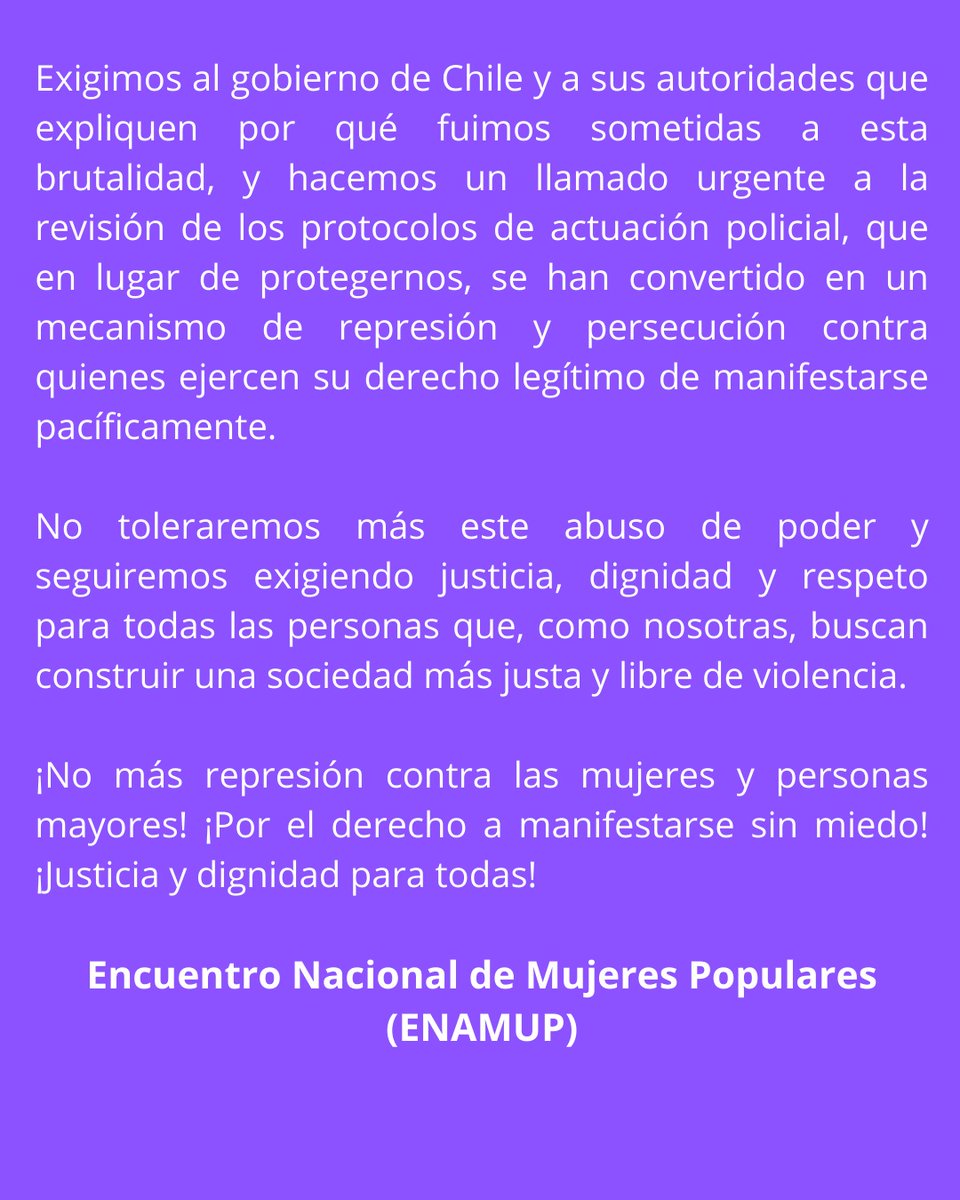 Declaración Encuentro Nacional de Mujeres Populares (ENAMUP)
Condenamos la represión y violencia de Carabineros en romería al Cementerio General del 8 de septiembre. Exigimos justicia y respeto por el derecho a manifestarse
#NoMásRepresión #JusticiaYDignidad #MujeresPopulares