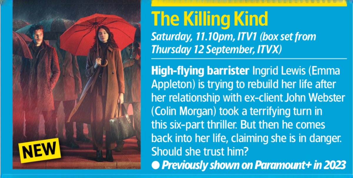 CMagnumfan's tweet photo. For UK viewers (or if you can stream the app from overseas)
#TheKillingKind staring #ColinMorgan and #EmmaAppleton will air on @ITV from 11.10pm on Saturday 14th September or if you prefer on box set via @ITVX available from Thursday 12th September https://t.co/k6Fl1WGu2v