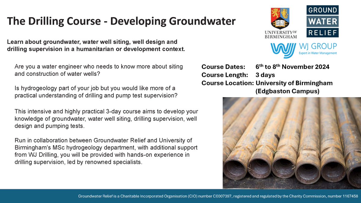 HydrogeologyUOB's tweet image. Led by @GW_Relief, we'll be running a 3d Drilling Course at @unibirmingham from 6-8th Novr 2024. The course will offer hands-on learning on #groundwater well siting, well design, and drilling supervision, all within a #humanitarian or development context. lnkd.in/eDP8JE5U