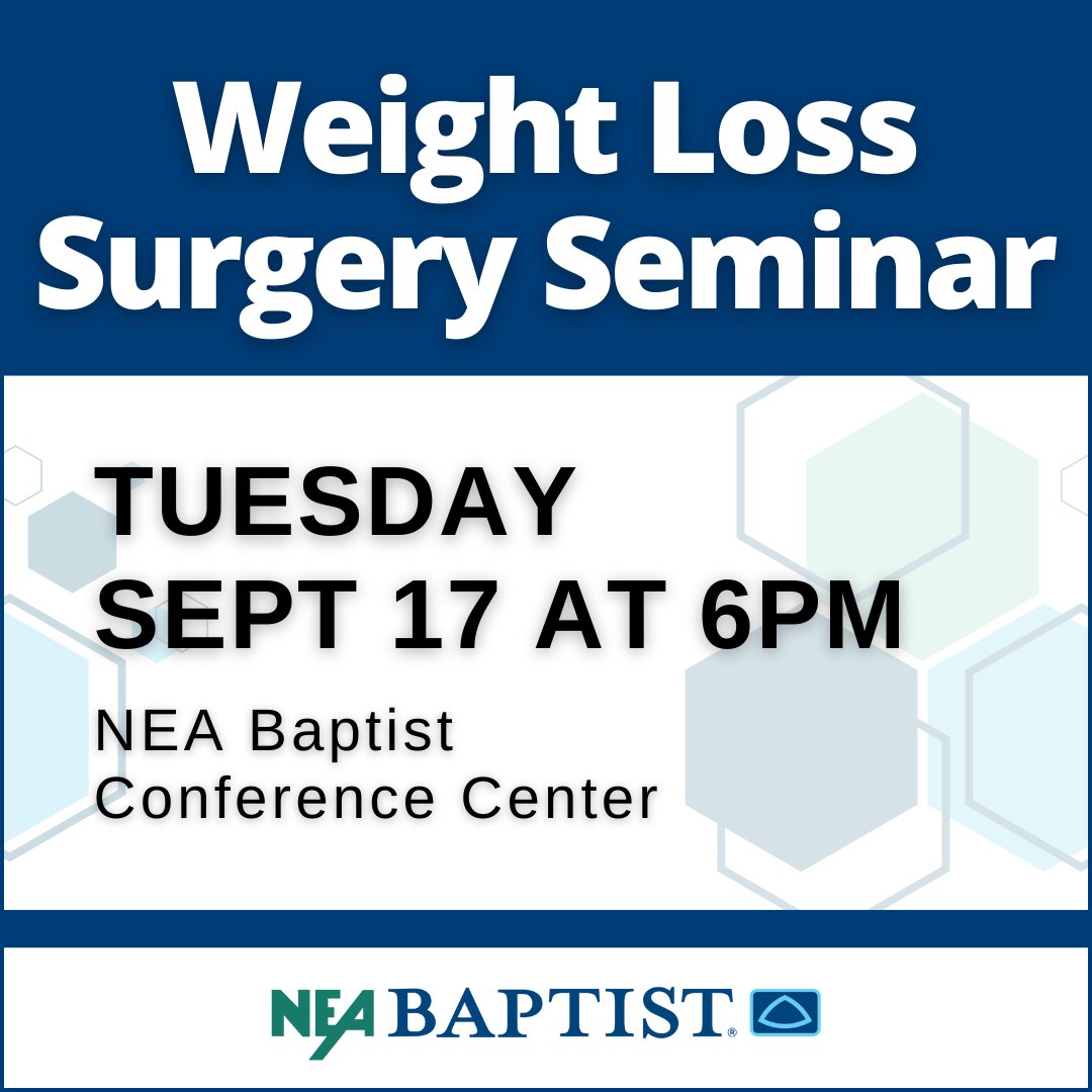 NEABaptist's tweet photo. Weight Loss Surgery Seminar next Tuesday, Sept 17 at 6pm in the NEA Baptist Conference Center. Sign up today!
https://t.co/cpNSrYND6N https://t.co/84ex95WAj4