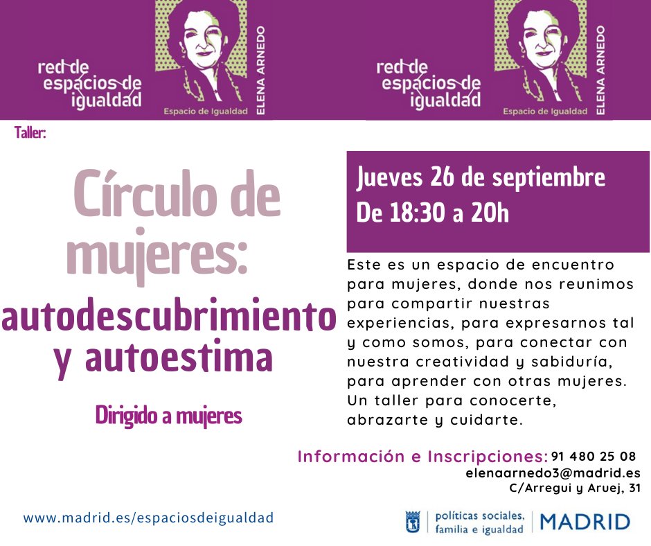 Espacio de Igualdad Elena Arnedo Soriano (@eielenaarnedo) on Twitter photo Te invitamos a participar en este espacio de encuentro para mujeres donde nos reunimos para compartir nuestras experiencias, expresarnos tal y como somos, conectar con nuestra creatividad y sabiduría y aprender unas de otras🥰
📞 91 480 2508📩 elenaarnedo3@madrid.es Te invitamos a participar en este espacio de encuentro para mujeres donde nos reunimos para compartir nuestras experiencias, expresarnos tal y como somos, conectar con nuestra creatividad y sabiduría y aprender unas de otras🥰
📞 91 480 2508📩 elenaarnedo3@madrid.es