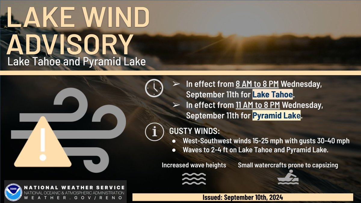 A Lake Wind Advisory is in effect due to gusty west to southwest winds from 8 AM to 8 PM, Wednesday, Sept 11th for Lake Tahoe, and from 11 AM to 8 PM, Wednesday, Sept 11th for Pyramid Lake. #CAwx #nvwx