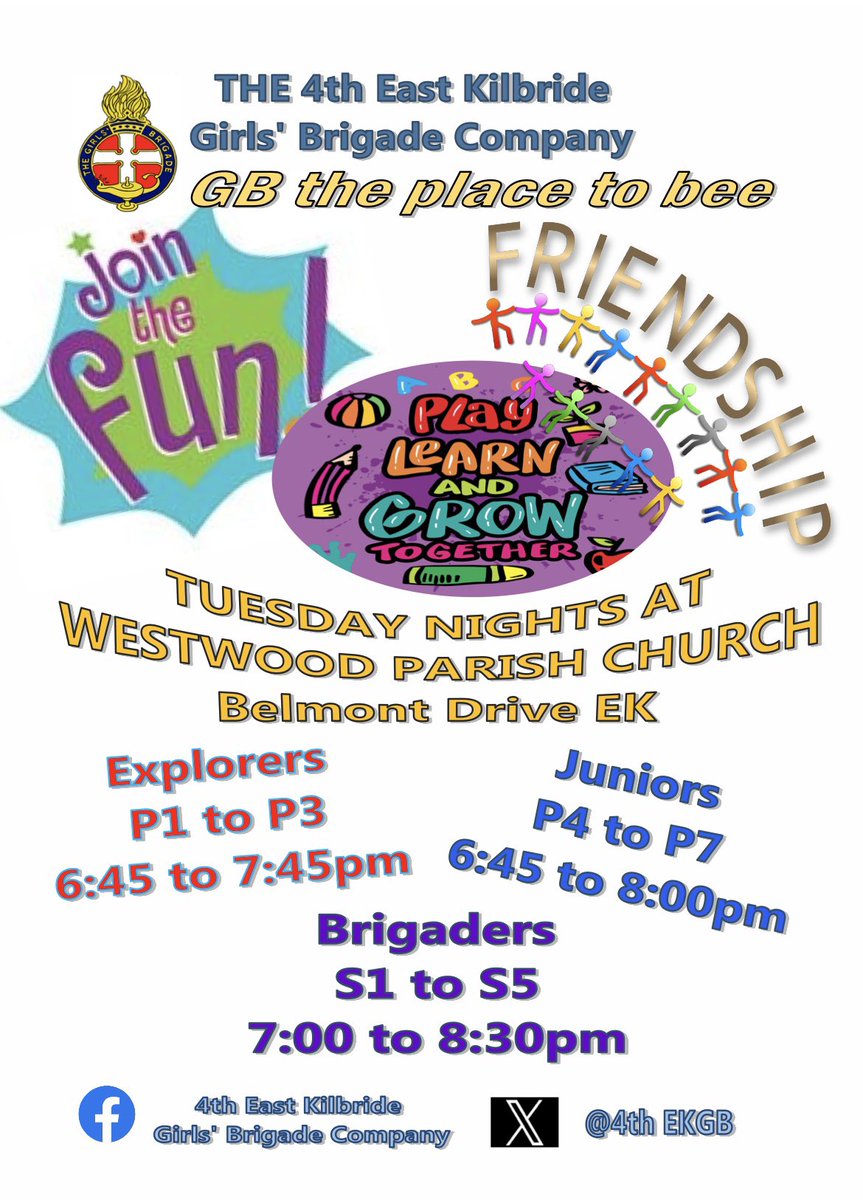 Still spaces left to join The 4th East Kilbride Girls Brigade Company.  We meet on Tuesday Nights at Westwood Parish Church, see below for more information or sent us a message direct 🐝🐝🐝
