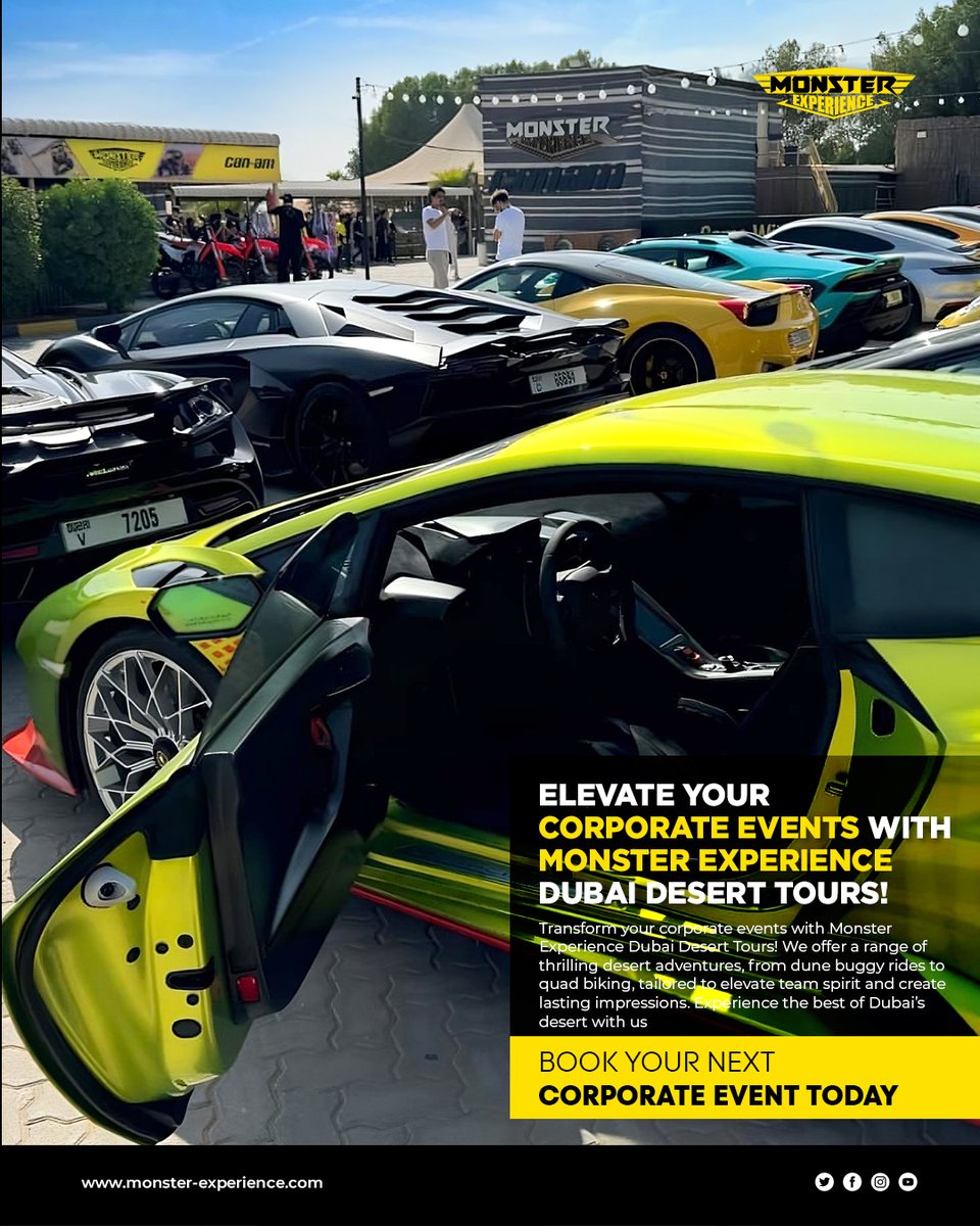 MonsterExperien's tweet photo. Boost team spirit with Monster Experience! 🏁🚀 We organize epic corporate events featuring thrilling activities like buggy rides, adventure courses, and more. Elevate your team-building to the next level! #MonsterExperience #CorporateEvents #teambuilding #event #Dubai https://t.co/EIYrJo3XAE