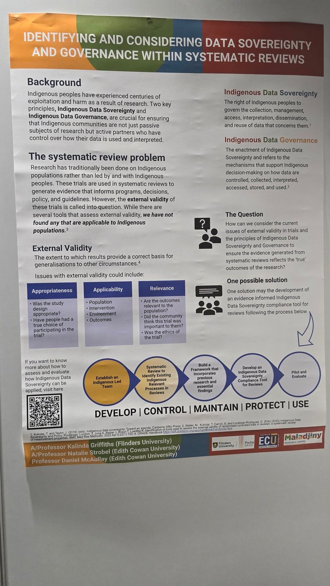 A/Prof Kalinda Griffiths - PhD (Epi), MPH, BBMSc (@klick22) on Twitter photo This is our poster on Identifying and Considering Indigenous Data Sovereignty within systematic reviews.
If you are the #GES2024 it is poster 66 today only. Will be presenting on this topic on Friday.
<a href="/pocheSA_NT/">PocheSA+NT</a> <a href="/EdithCowanUni/">Edith Cowan University (ECU)</a> <a href="/FlindersUniNews/">Flinders University Newsroom</a> <a href="/FlindersHMRI/">FlindersHMRI</a> This is our poster on Identifying and Considering Indigenous Data Sovereignty within systematic reviews.
If you are the #GES2024 it is poster 66 today only. Will be presenting on this topic on Friday.
<a href="/pocheSA_NT/">PocheSA+NT</a> <a href="/EdithCowanUni/">Edith Cowan University (ECU)</a> <a href="/FlindersUniNews/">Flinders University Newsroom</a> <a href="/FlindersHMRI/">FlindersHMRI</a>
