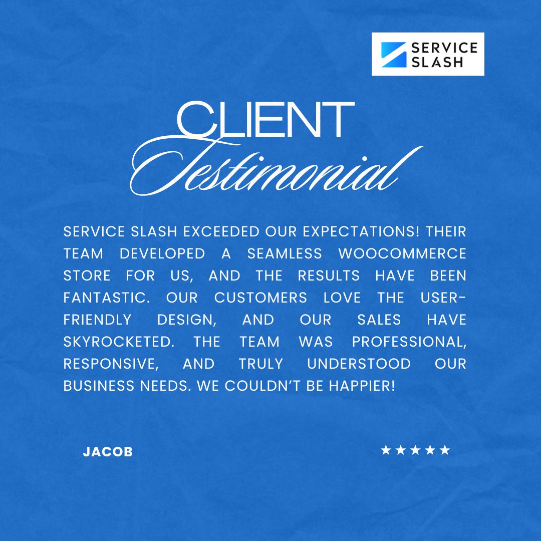 🎉 Client Testimonial Highlight 🌟
Thank you, Jacob! 🚀Ready to boost your online biz? Let’s create something amazing! 🌟
#ClientTestimonial #WooCommerce #WebDev #ServiceSlash #BusinessGrowth