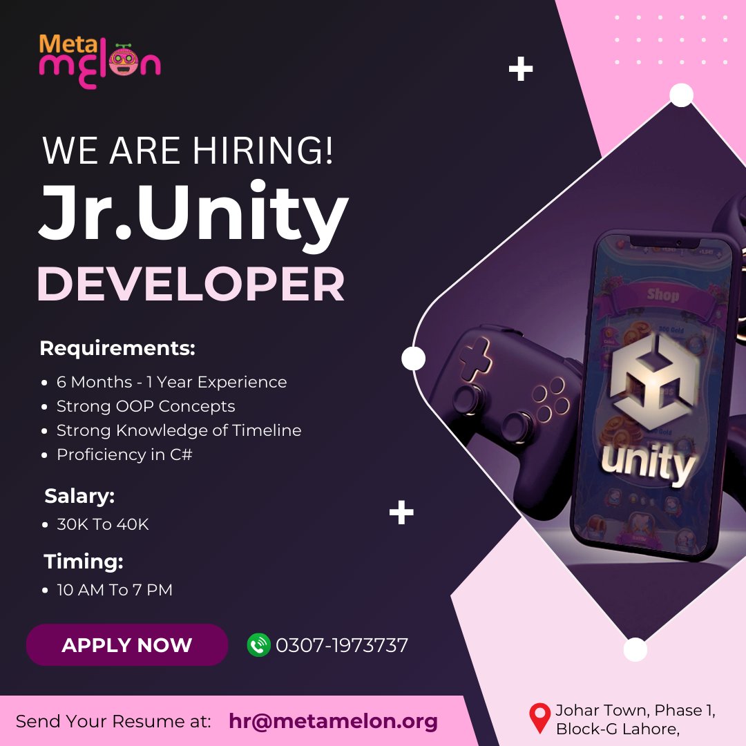 meta_m_official's tweet image. 𝐖𝐞 𝐀𝐫𝐞 𝐇𝐢𝐫𝐢𝐧𝐠!
Join our team as a Junior Unity Developer
𝐃𝐫𝐨𝐩 𝐲𝐨𝐮𝐫 𝐫𝐞𝐬𝐮𝐦𝐞 𝐚𝐭:
hr@metamelon.org
#hiring #hiringdeveloper #unitydeveloper #uiux #gamedevelopment #metamelon