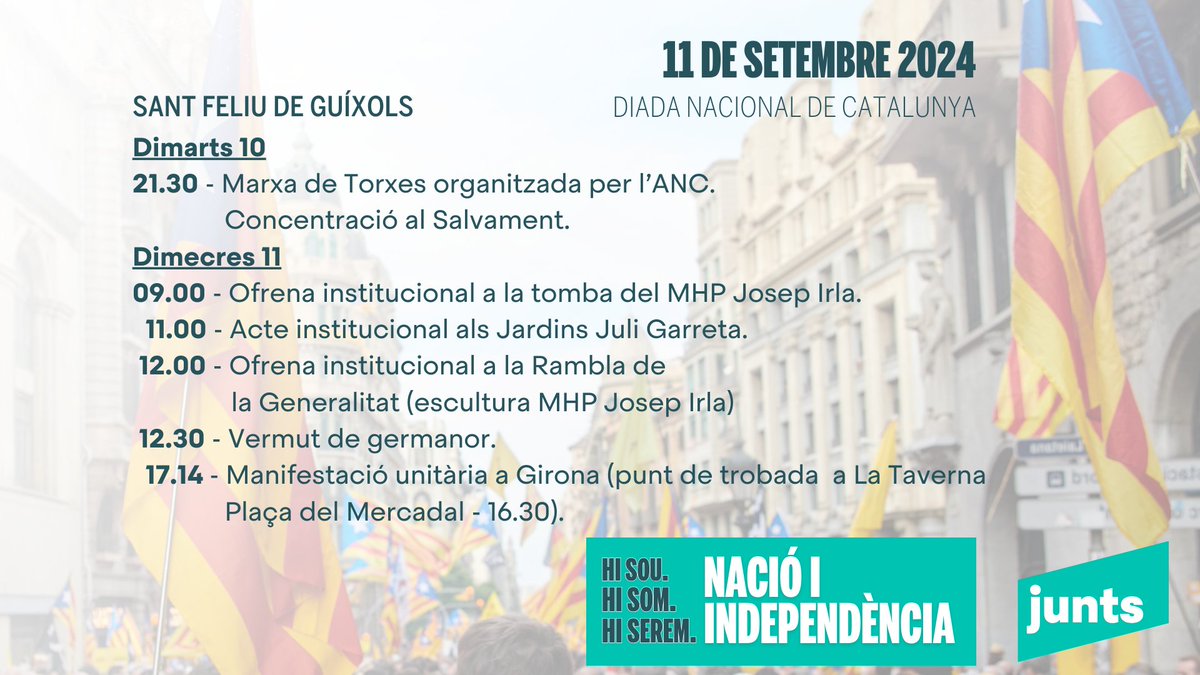 jxcatguixols's tweet photo. Hi sou. Hi som. Hi serem. 
NACIÓ I INDEPENDÈNCIA
Ara, més que mai, cal sortir al carrer a reivindicar que seguim presents per l’objectiu de construcció de la República catalana.
Actes de la Diada Nacional a Sant Feliu de Guíxols 👇 https://t.co/PXn19nEMs4