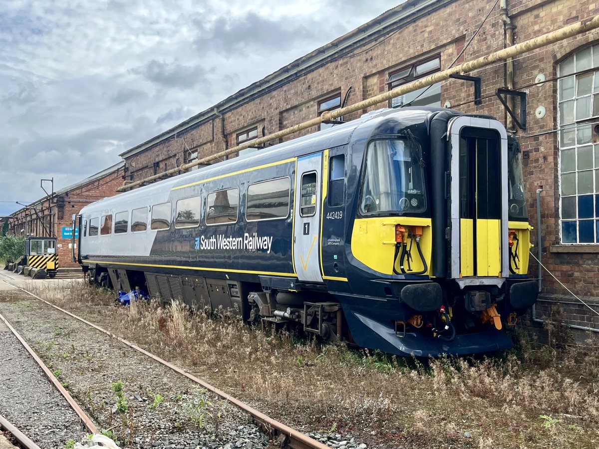 philatrail's tweet photo. Apparently the final Class 442 vehicle, this is a driving car from 442419 that’s heading for scrap next week. It was part of SWR’s idea to improve stock on the Portsmouth Direct road. https://t.co/jouiDWR4M2