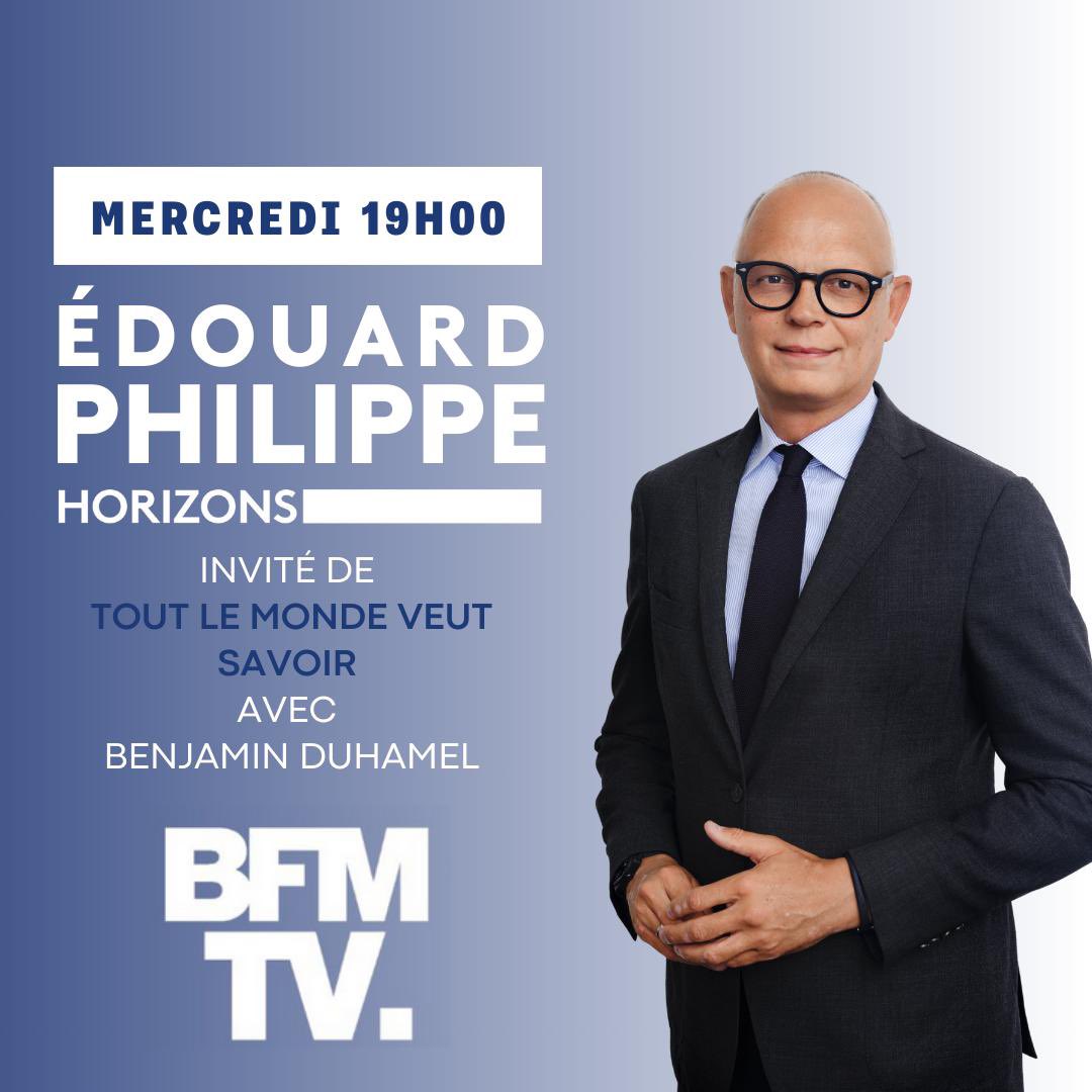 📺 À suivre demain sur <a href="/BFMTV/">BFMTV</a> ! <a href="/EPhilippe_LH/">Edouard Philippe</a> sera l’invité de <a href="/Ben_Duhamel/">Benjamin Duhamel</a> dans l’émission Tout le monde veut savoir. 

⏰ À partir de 19h 
Pour suivre le direct ➡️ bfmtv.com/en-direct/