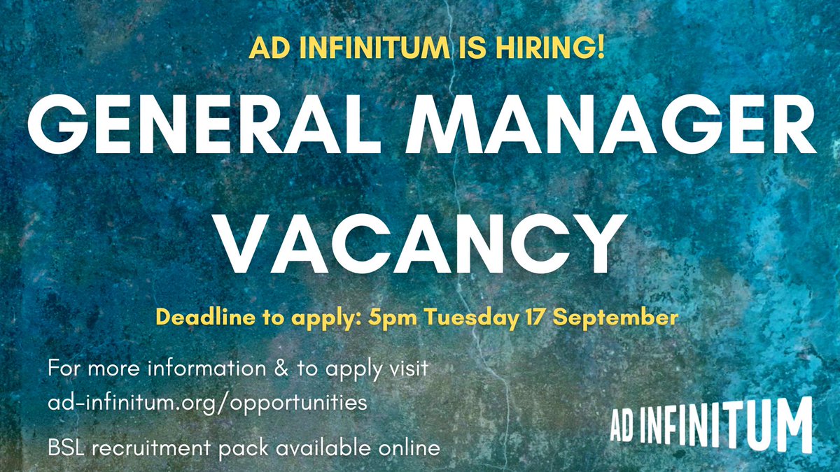 Insane Root Theatre (@insane_root) on Twitter photo Our friends <a href="/TheatreAdInf/">Ad Infinitum</a> are looking for a General Manager!
💥Part-time, 24 hrs/week, flexible hours
💥Salary - £33k/year (pro rata)
💥Remote working opportunity
More info & how to apply (available in BSL & written English): ad-infinitum.org/general-manage…
Apply by 5pm 17 Sep Our friends <a href="/TheatreAdInf/">Ad Infinitum</a> are looking for a General Manager!
💥Part-time, 24 hrs/week, flexible hours
💥Salary - £33k/year (pro rata)
💥Remote working opportunity
More info & how to apply (available in BSL & written English): ad-infinitum.org/general-manage…
Apply by 5pm 17 Sep