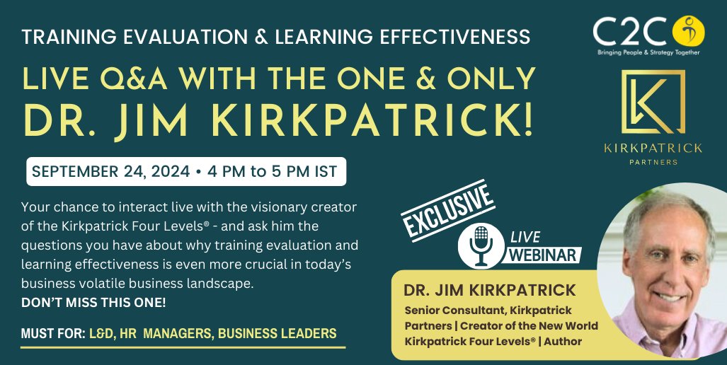 C2C-OD Bringing People & Strategy Together (@c2cod) on Twitter photo Ask & Jim will answer! Meet <a href="/Jim_Kirkpatrick/">Jim Kirkpatrick</a>, creator of the <a href="/TheKirkpatricks/">Kirkpatrick Partners</a> Four Levels, LIVE on #Zoom, Sept 24! In convo with <a href="/JawadAhmed_AJ/">Jawad Ahmed</a>, Jim will dive into the world's top training evaluation method, 'ROE vs ROI' & more. Limited seats Register now:us02web.zoom.us/meeting/regist… Ask & Jim will answer! Meet <a href="/Jim_Kirkpatrick/">Jim Kirkpatrick</a>, creator of the <a href="/TheKirkpatricks/">Kirkpatrick Partners</a> Four Levels, LIVE on #Zoom, Sept 24! In convo with <a href="/JawadAhmed_AJ/">Jawad Ahmed</a>, Jim will dive into the world's top training evaluation method, 'ROE vs ROI' & more. Limited seats Register now:us02web.zoom.us/meeting/regist…