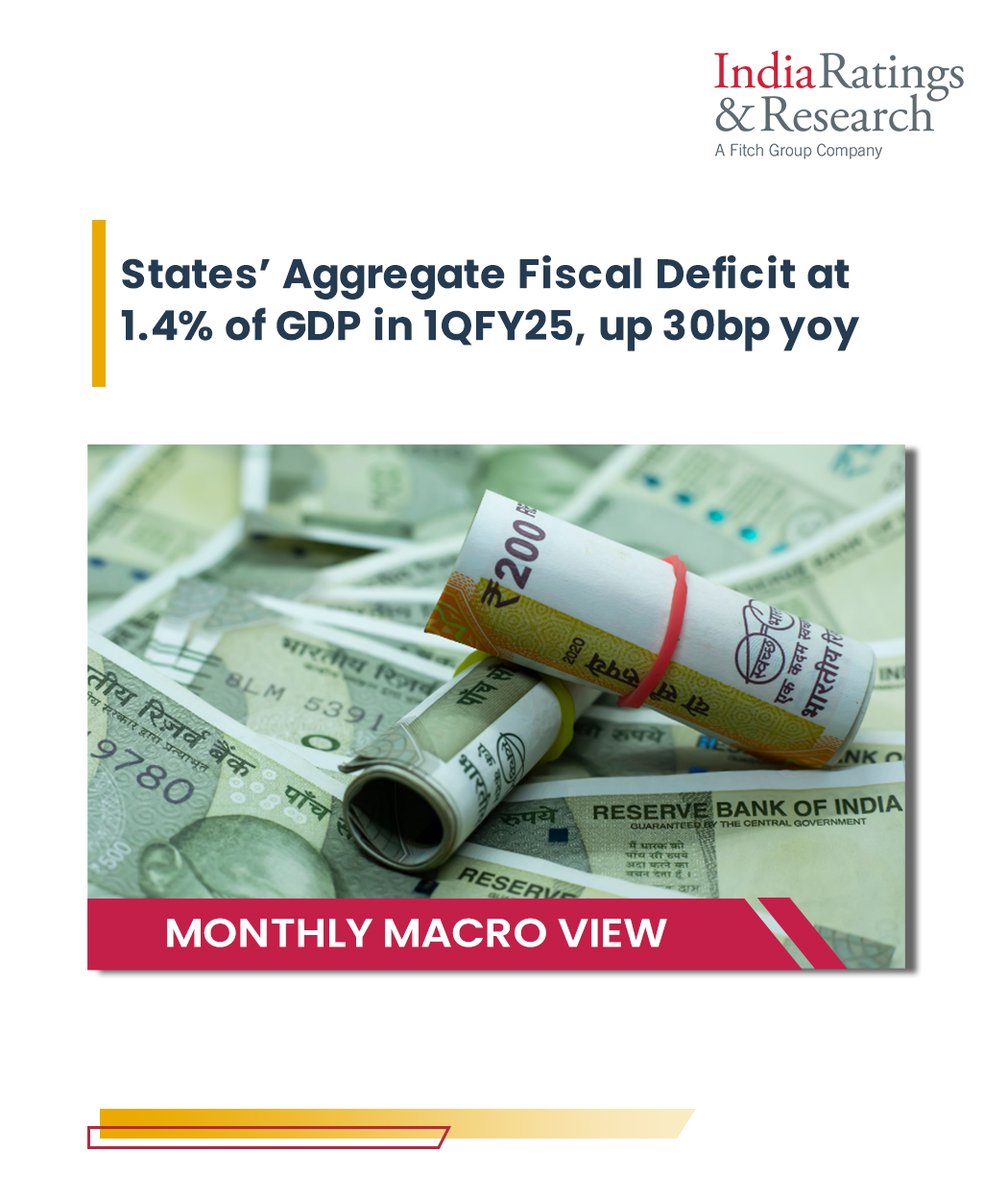 IndiaRatings's tweet photo. #MonthlyMacroView

‘States’ Aggregate Fiscal Deficit at 1.4% of GDP in 1QFY25, up 30bp yoy’

Read more: https://t.co/fFIzvTQfac

#IndiaRatings #FiscalDeficit #Revenue #1QFY25 #GDP https://t.co/QIXgeJs6tq