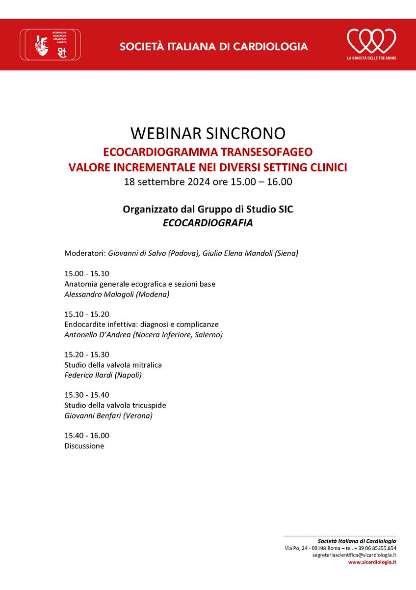 Non perdere il WEBINAR del GdS di ECOCARDIOGRAFIA che si terrà il  18 settembre ore 15.00 – 16.00!

Link per iscriversi: us06web.zoom.us/meeting/regist…