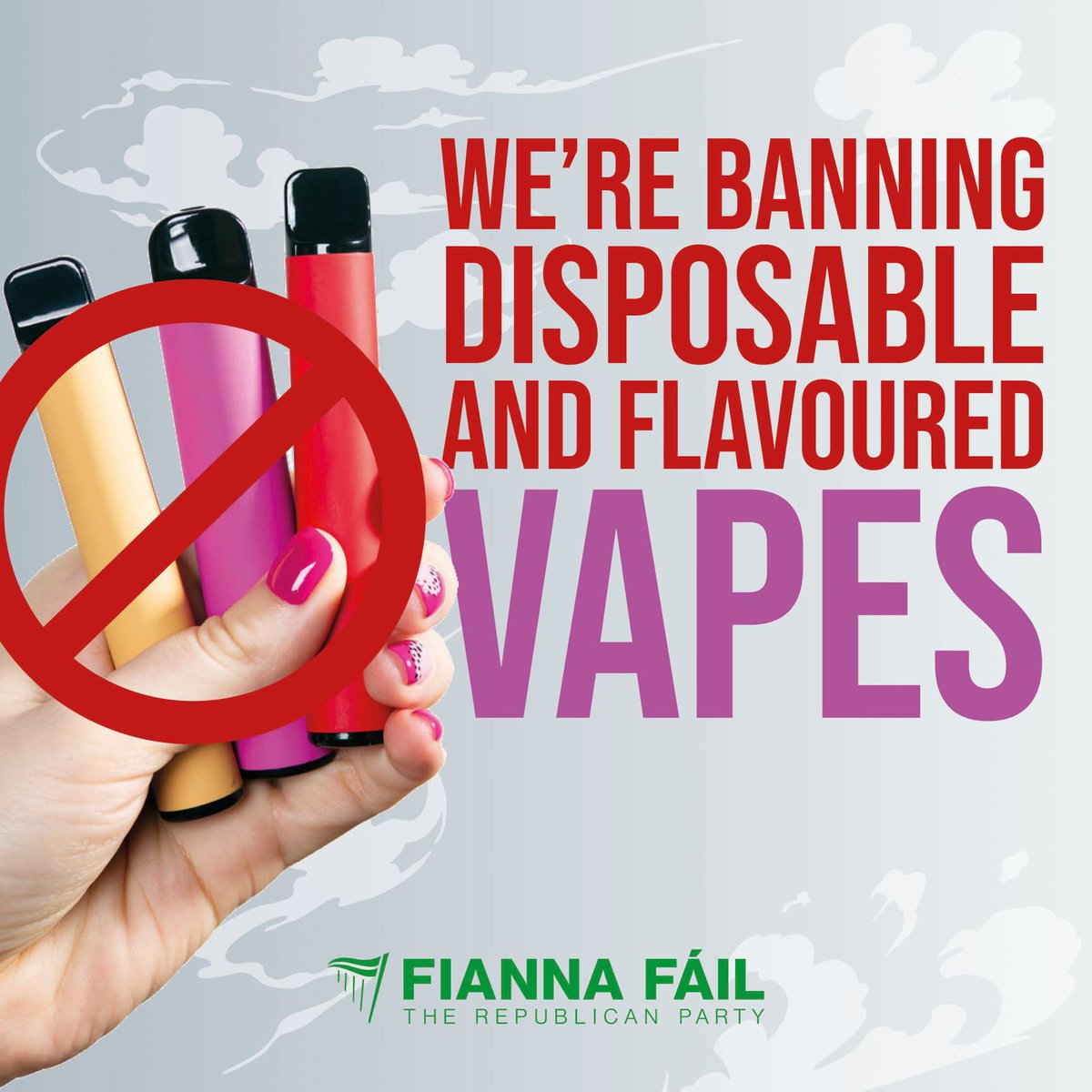 fiannafailparty's tweet photo. We're banning disposable and flavoured vapes.

For both environmental and public health reasons, this is an important step.

Nicotine is a highly addictive drug, and Fianna Fáil is acting to make vapes less accessible to young people and to remove them from their everyday lives. https://t.co/D4hAsvJHvu