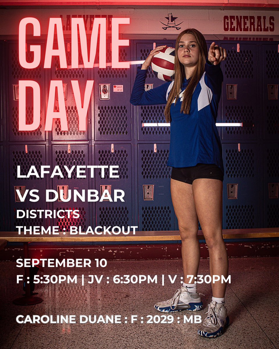 Tonight’s game is a going to be 🔥! Generals take home court against Dunbar. We need all the seats filled to help rally the girls to victory.

Theme : Blackout
⏰ F : 5:30pm  ⏰ JV : 6:30pm  ⏰ V : 7:30pm