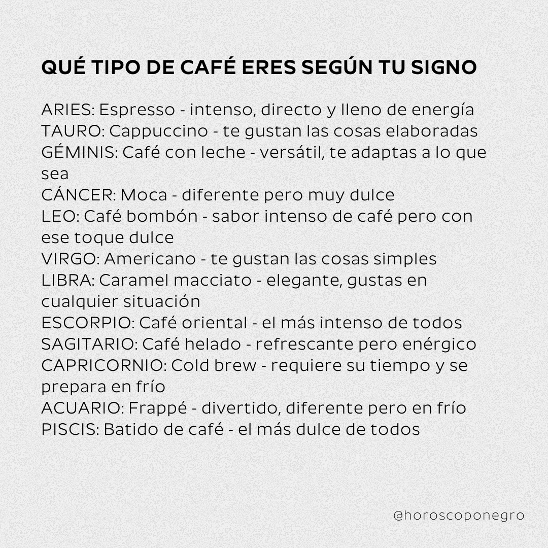 horoscoponegro's tweet photo. Qué tipo de café eres según tu signo del Zodiaco ☕️🔮 https://t.co/AZMM7mdYrc
